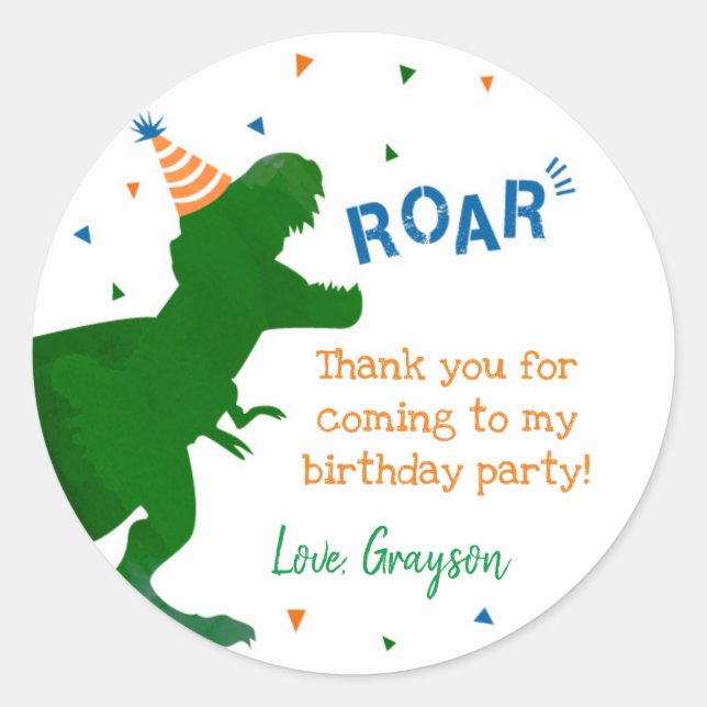 Stickers Merci d'anniversaire Dinosaur T-rex Étiqu (Devant)
