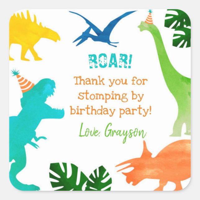 Stickers Merci d'anniversaire Dinosaur T-rex Étiqu (Devant)