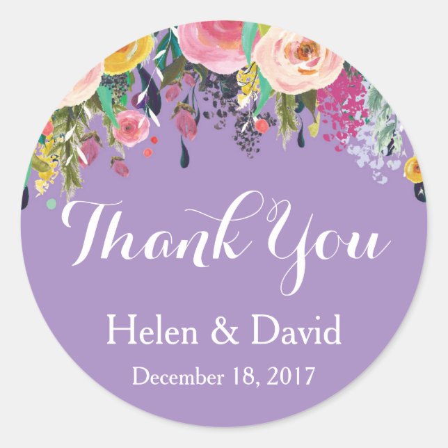 Stickers Merci Floral Violet Mariage Favor (Devant)