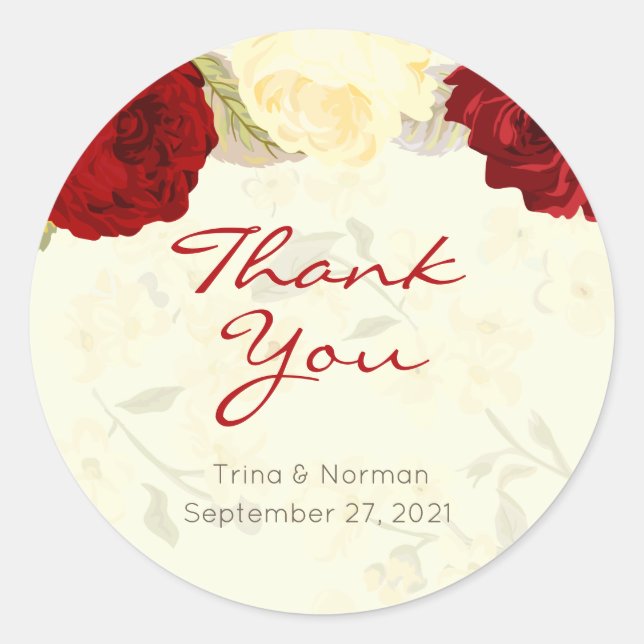 Stickers Merci Mariage Rose rouge et ivoire (Devant)