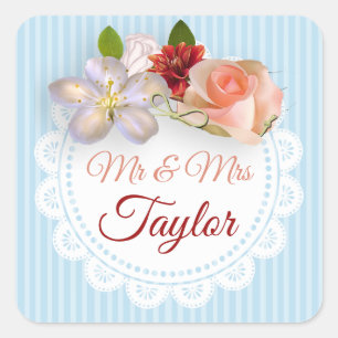 Stickers Mr & Mrs Pale Blue et Coral Floral