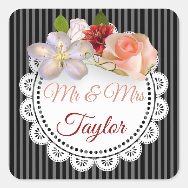 Stickers Mr & Mrs Rose Floral noir et corail (Devant)