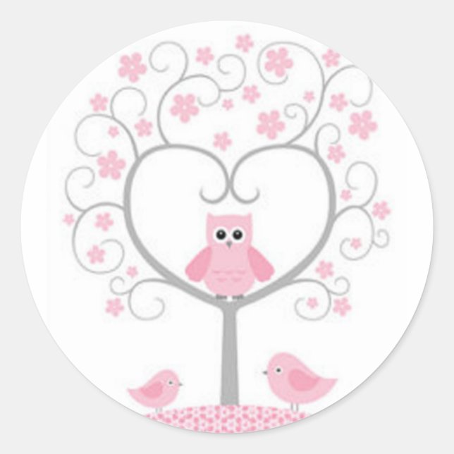 Stickers/Pink Owls with Heart Shaped Tree Classic Round Sticker (Front)