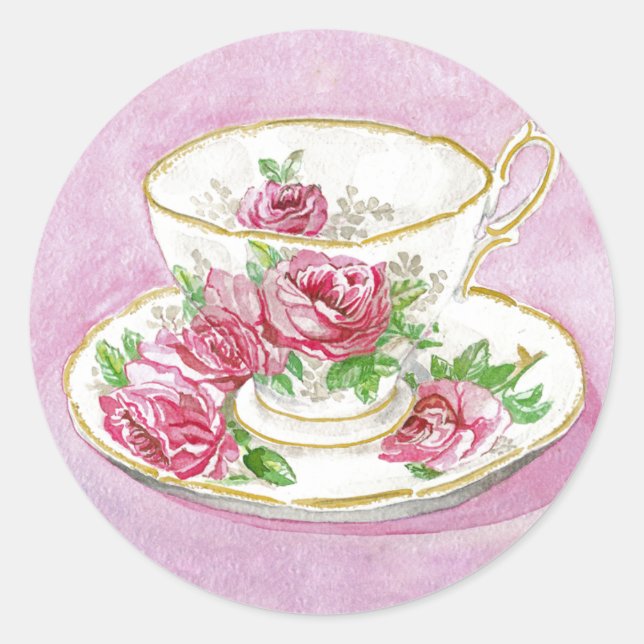 Stickers - Pink Rose Floral Teacup & Saucer (Front)