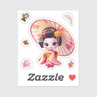 stickers poupée kokeshi, Geisha avec parapluie