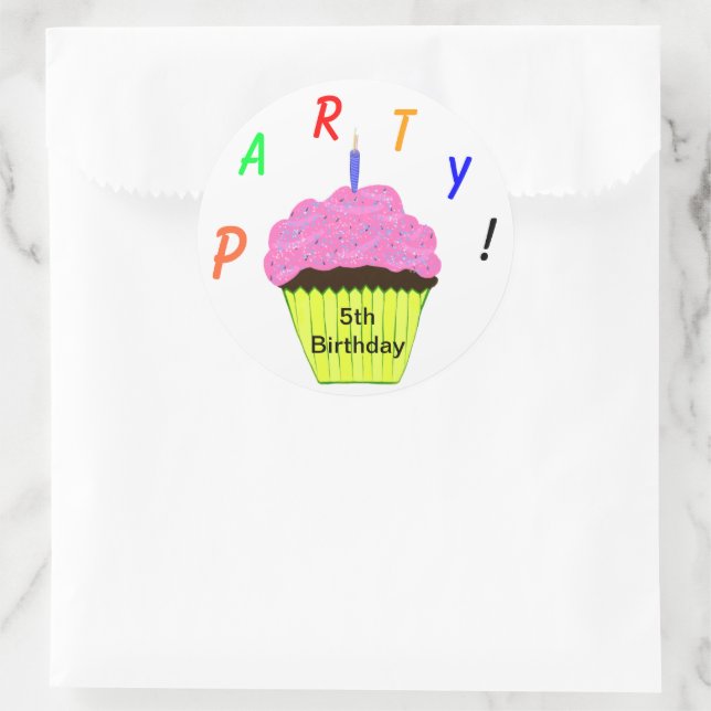 Stickers ronds 5e anniversaire fête Cupcake rose (Sac)