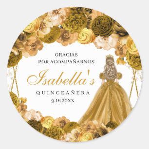 Stickers ronds de Quinceanera Floral Or