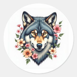 Stickers ronds de tête de loup floral classique