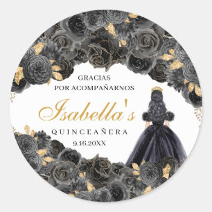 Stickers ronds Quinceanera Floral Noir et Or