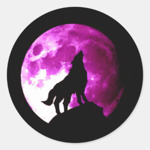 Stickers ronds Wolf Howing à la Lune