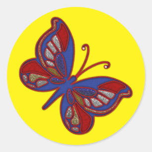 Stickers Rouge Bleu Bleu Papillon-Jaune Rond