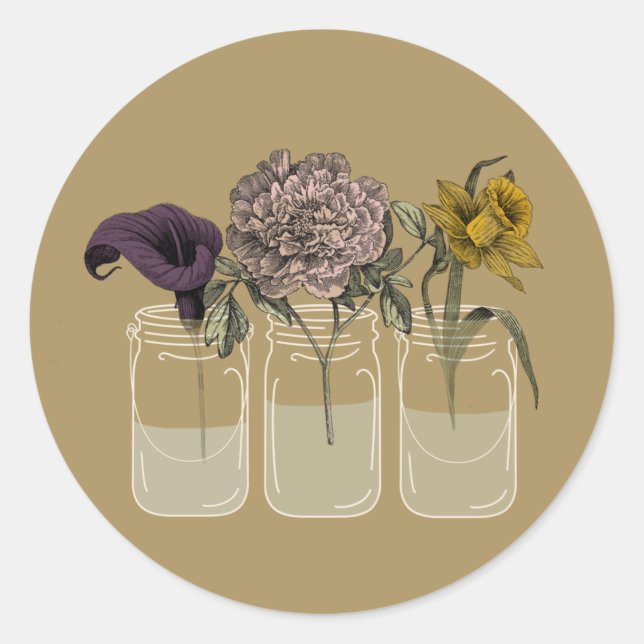 Stickers Rustique Mason Jar avec fleurs ronds (Devant)