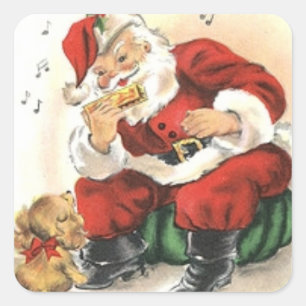 Stickers: Santa Playing the Harmonica for a Puppy Square Sticker