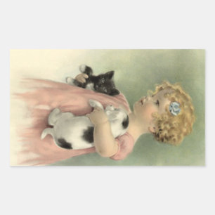 STICKERS Victorian Girl Pet Kitten & Puppy Sweet