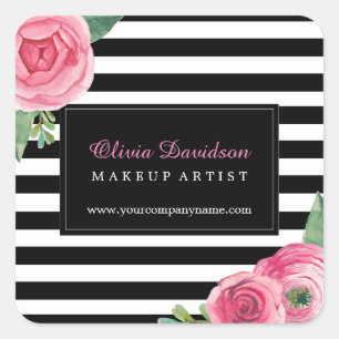 Stickers Watercoour Roses roses et rayures noires