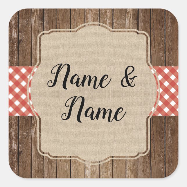 Stickers Wedding Labels Red Gingham BBQ Burlap (Front)