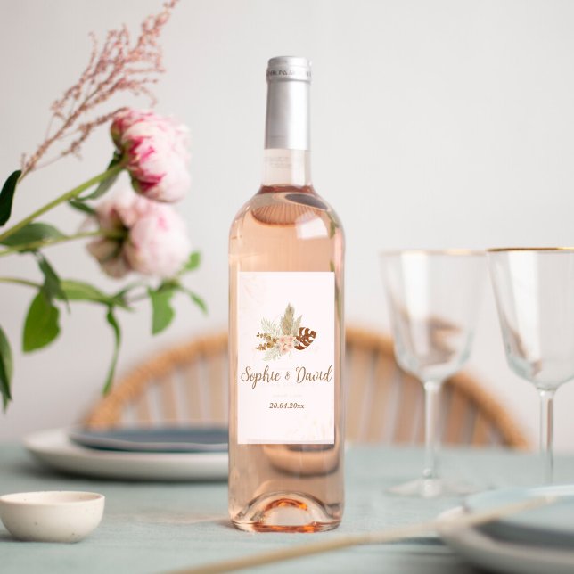 Sticky Labels Wedding Bohemian (Etiquette bouteille de vin mariage boheme avec bouquet herbes pampa)