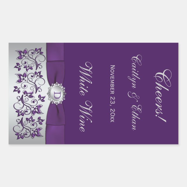 Sticule Étiquette Monogram Purple, Silver Floral (Devant)