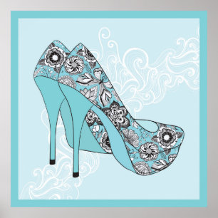 Stiletto Floral Shoes In Blue Black & White Accent Poster