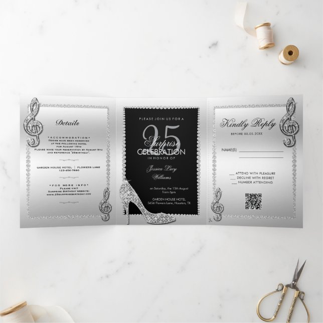 Stiletto, Photo, QR Code 25th Surprise Birthday Tri-Fold Invitation (Inside)