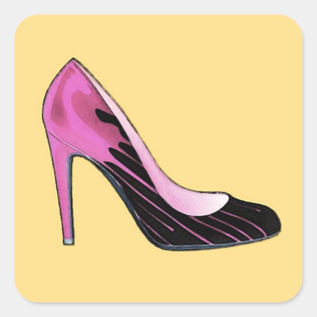 Stiletto pump, hot pink on orange square sticker (Front)