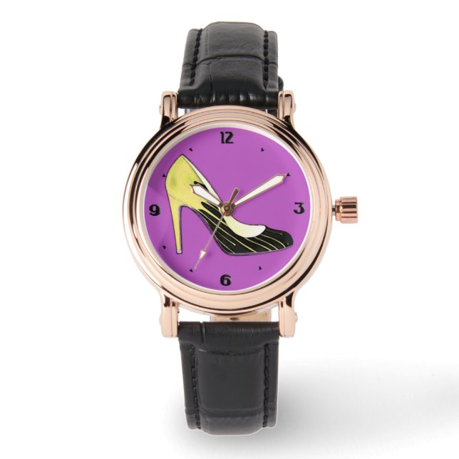 Stiletto pump, yellow on purple watch (Front)