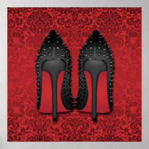 Stilettos in red damask background poster