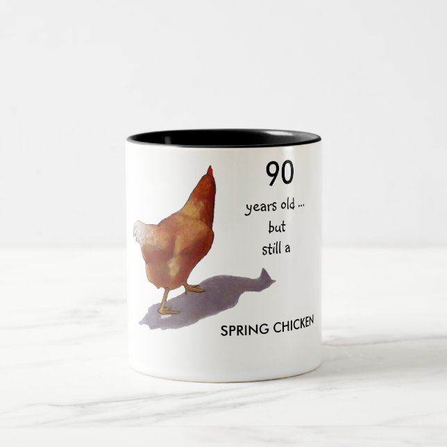Still A Spring Chicken: Customize For Age Two-Tone Coffee Mug (Center)