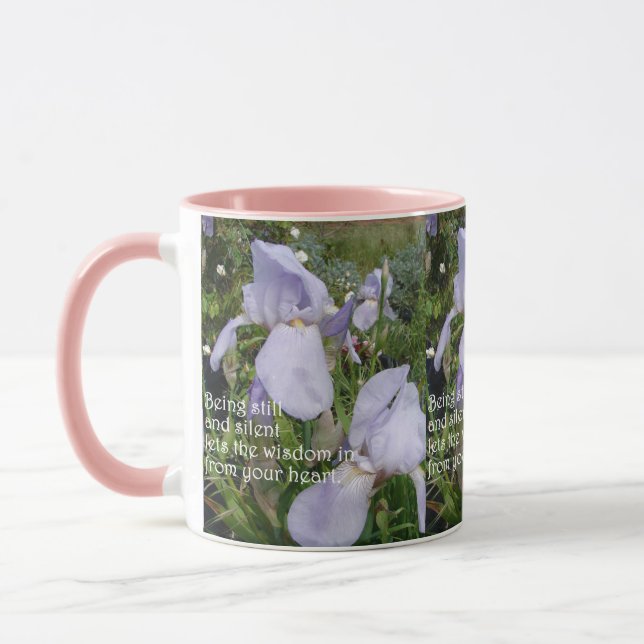 Still and Silent Inspirational Quote Purple Iris Mug (Left)