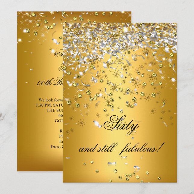 Still Fabulous 60 Gold Silver Streamers Birthday Invitation (Front/Back)