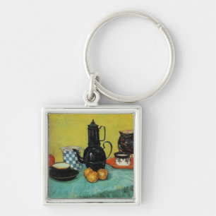 Still Life  Blue Enamel Coffeepot, Earthenware and Keychain