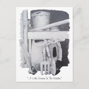 still life drawing of garden tools for gardeners postcard