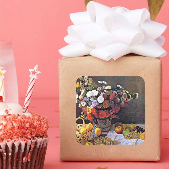 Still Life, Flowers and Fruit, fine art, Square Sticker (Party)