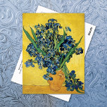 Still Life Irises Clay Pot Vincent van Gogh Postcard<br><div class="desc">A fine art postcard with the post-impressionist painting titled Still life with Irises (1890),  by the Dutch artist Vincent Van Gogh (1853-1890). A still life with a bouquet of blue-violet iris in a clay jar against a golden background.</div>
