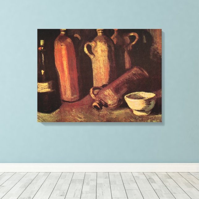 Still Life of 4 Stone Bottles by Vincent van Gogh Canvas Print (Insitu(Wood Floor))