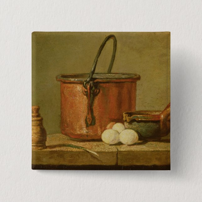 Still Life of Cooking Utensils, Cauldron 2 Inch Square Button (Front)