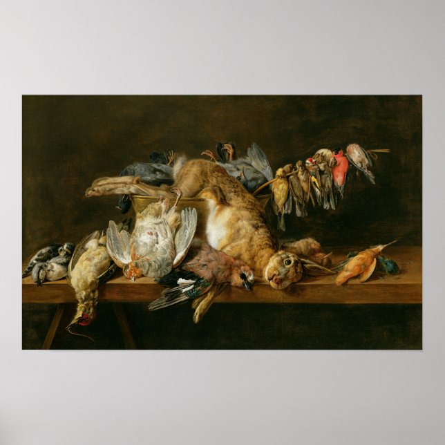 Still life of dead birds and a hare on a table poster (Front)