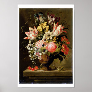 Still Life of Flowers in a Vase with a Lizard on a Poster
