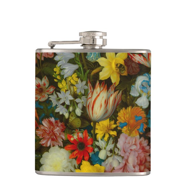 Still Life of Flowers in a Wan-Li Vase Hip Flask (Front)