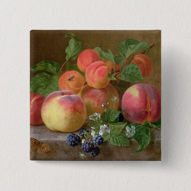 Still Life of Peaches 2 Inch Square Button (Front)