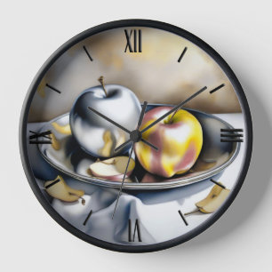 Still Life of Silver and Gold Apples Clock