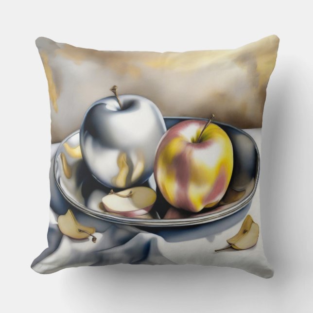 Still Life of Silver and Gold Apples  Throw Pillow (Front)