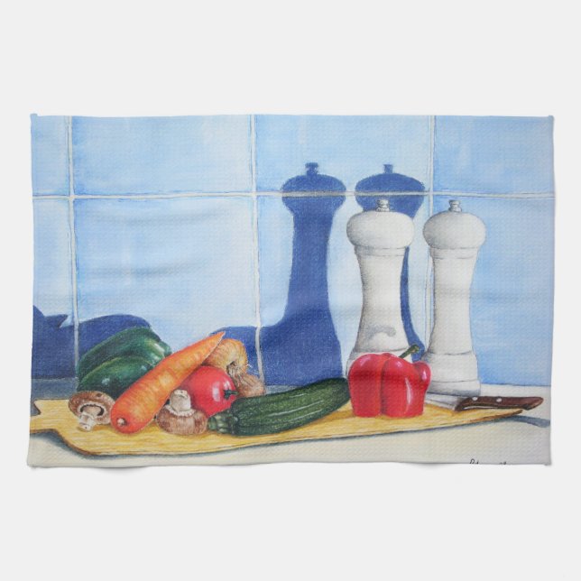 still life painting vegetables on chopping board kitchen towel (Horizontal)
