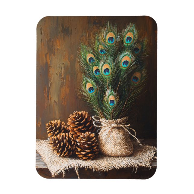 Still Life Peacock Feathers Pinecones Flexible Magnet (Vertical)