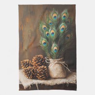 Still Life Peacock Feathers Pinecones Kitchen Towel