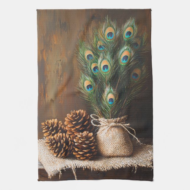 Still Life Peacock Feathers Pinecones Kitchen Towel (Vertical)