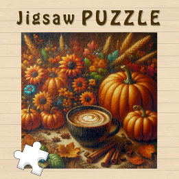Still Life Pumpkin Coffee orange Autumn Flowers Jigsaw Puzzle