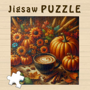 Still Life Pumpkin Coffee orange Autumn Flowers Jigsaw Puzzle