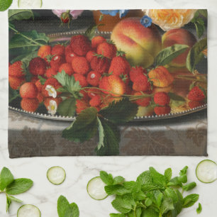 Still Life Roses and Strawberries by Otto Ottesen Kitchen Towel