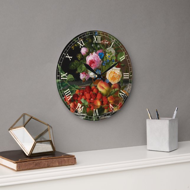 Still Life Roses and Strawberries by Otto Ottesen Large Clock (Office)